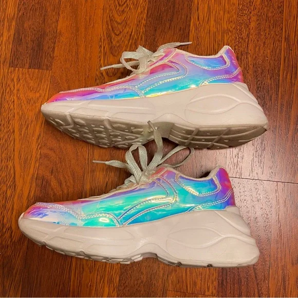 Unicorn Pastel Holographic Lace Up Sneakers Lucky Step Size 7 Platform Kicks EUC - Picture 9 of 13